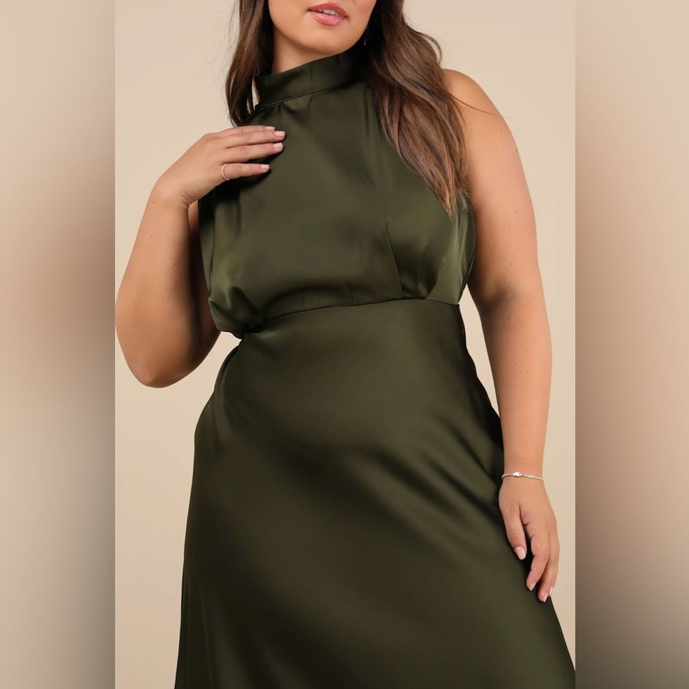Lulus Classic Elegance Olive Satin Sleeveless Mock Neck Maxi Dress - Picture 7 of 16